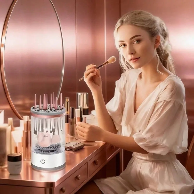 Electric Makeup Brush Cleaner - in use at vanity