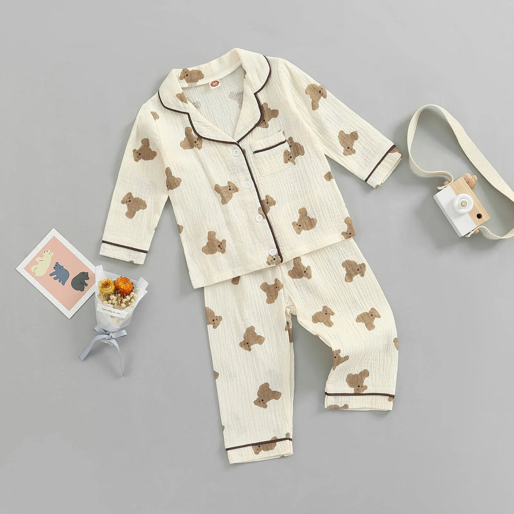 2022-07-06 Lioraitiin 0-6Years Kids Unisex Casual Pajama Suit Bear Printed Long Sleeve Front Pocket Lapel Tops Printed Long Pant