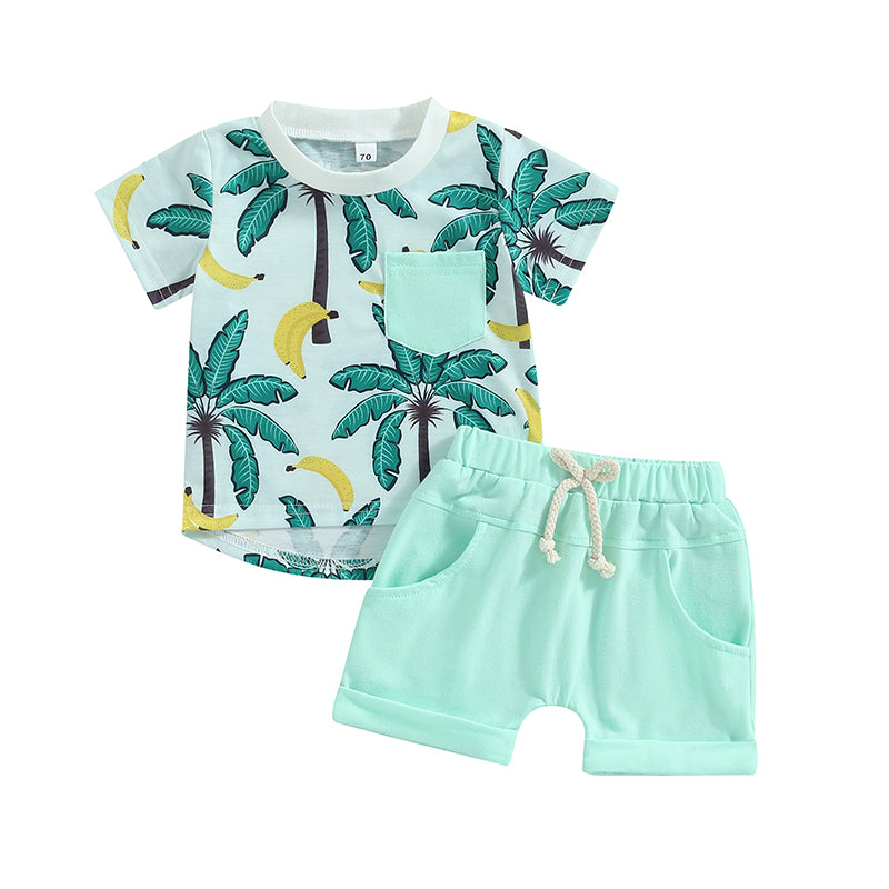 2023-04-21 Lioraitiin 0-3Years Toddler Baby Boy 2Pcs Summer Clothes Beach Tree Print Short Sleeve Crew Neck T-Shirts Shorts