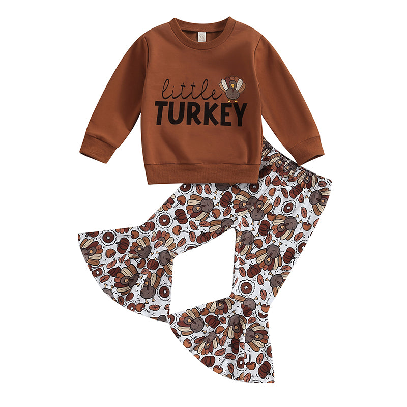 2023-07-28 Lioraitiin 0-5Years Baby Girl 2Pcs Thanksgiving Outfits Long Sleeve Sweatshirt Turkey Flare Pants Set