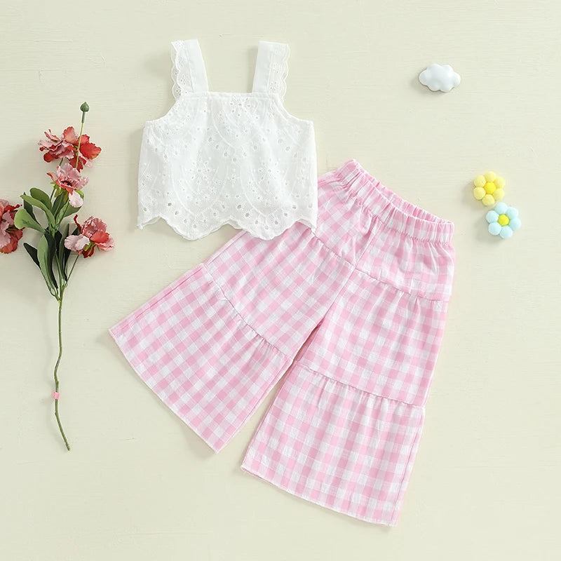 2024-12-02 Lioraitiin Toddler Girl Summer Clothes Eyelet Embroidery Cami Tops+Elastic Waist Plaid Print Wide Leg Pants 2Pcs Set