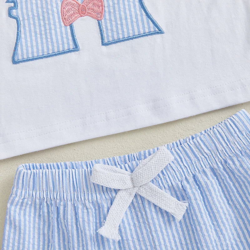 2025-04-06 Lioraitiin Toddler Girls Summer Outfit Bow Embroidery Short Sleeves T-Shirt and Elastic Striped Shorts Set Clothes