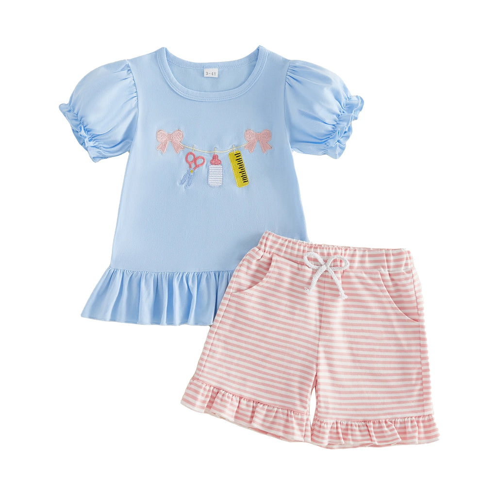 Girl s Back to School Outfit Cute Ruler Bow Embroidered Short Sleeve Ruffle T-Shirt with Matching Striped Shorts - 2 Piece