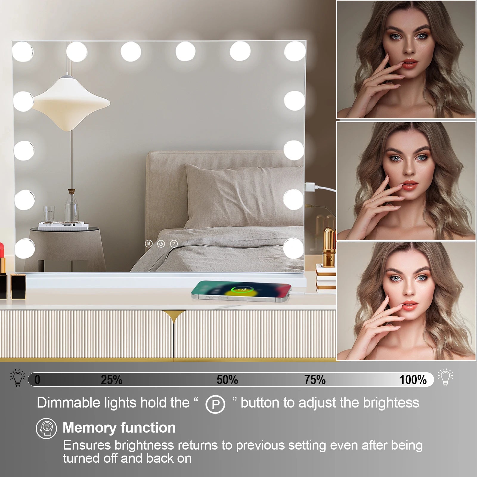 Large 50CM Hollywood Make-up Table Mirror Vanity Lights Mirror Dimmable 3 Color