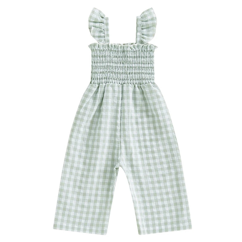 2025-01-06 Lioraitiin Baby Girl Rompers Ruffle Sleeveless Plaid Print Smocked Jumpsuit Suspender Pants Summer Outfit
