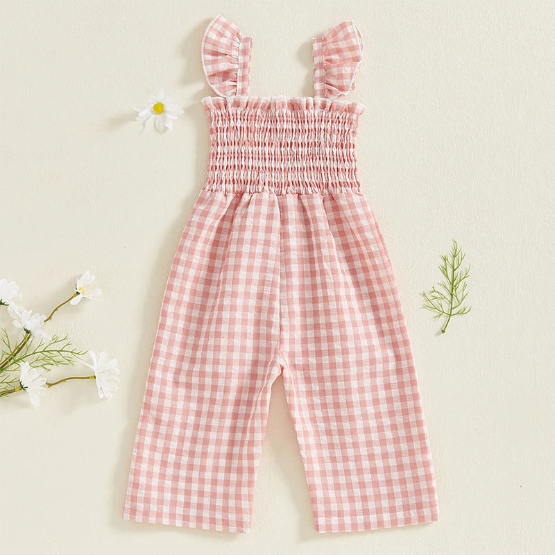 2025-01-06 Lioraitiin Baby Girl Rompers Ruffle Sleeveless Plaid Print Smocked Jumpsuit Suspender Pants Summer Outfit