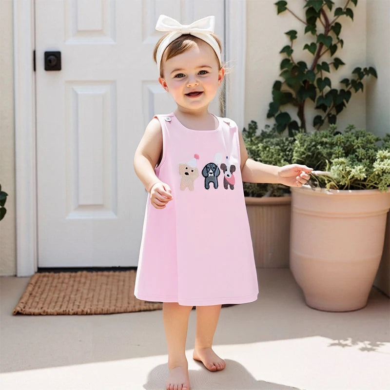 2025-04-01 Lioraitiin Toddler Baby Girl Birthday Dress Dog Embroidered Round Neck Sleeveless Tank Dress Cute Summer Clothes