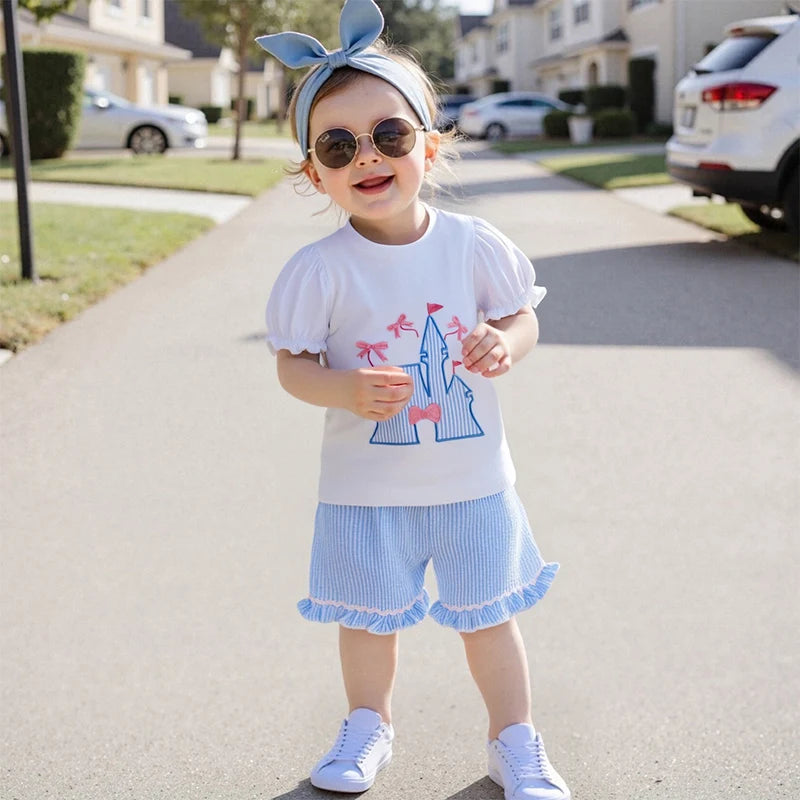 2025-04-06 Lioraitiin Toddler Girls Summer Outfit Bow Embroidery Short Sleeves T-Shirt and Elastic Striped Shorts Set Clothes