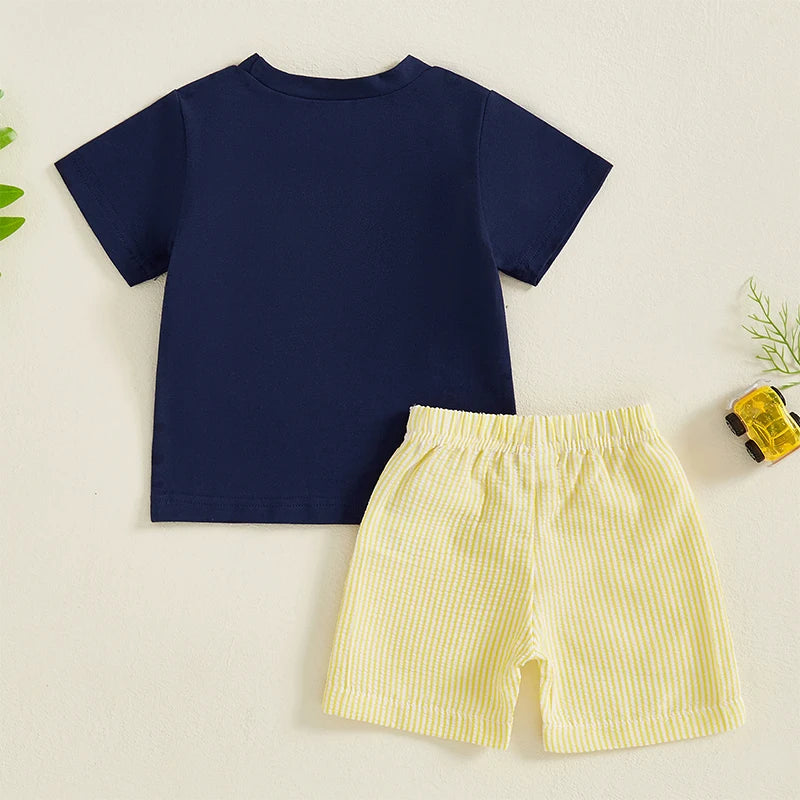 2024-12-10 Lioraitiin Toddler Baby Boy Shorts Set Tractor Embroidery Short Sleeve T-shirt Striped Shorts 2Pcs Summer Outfit