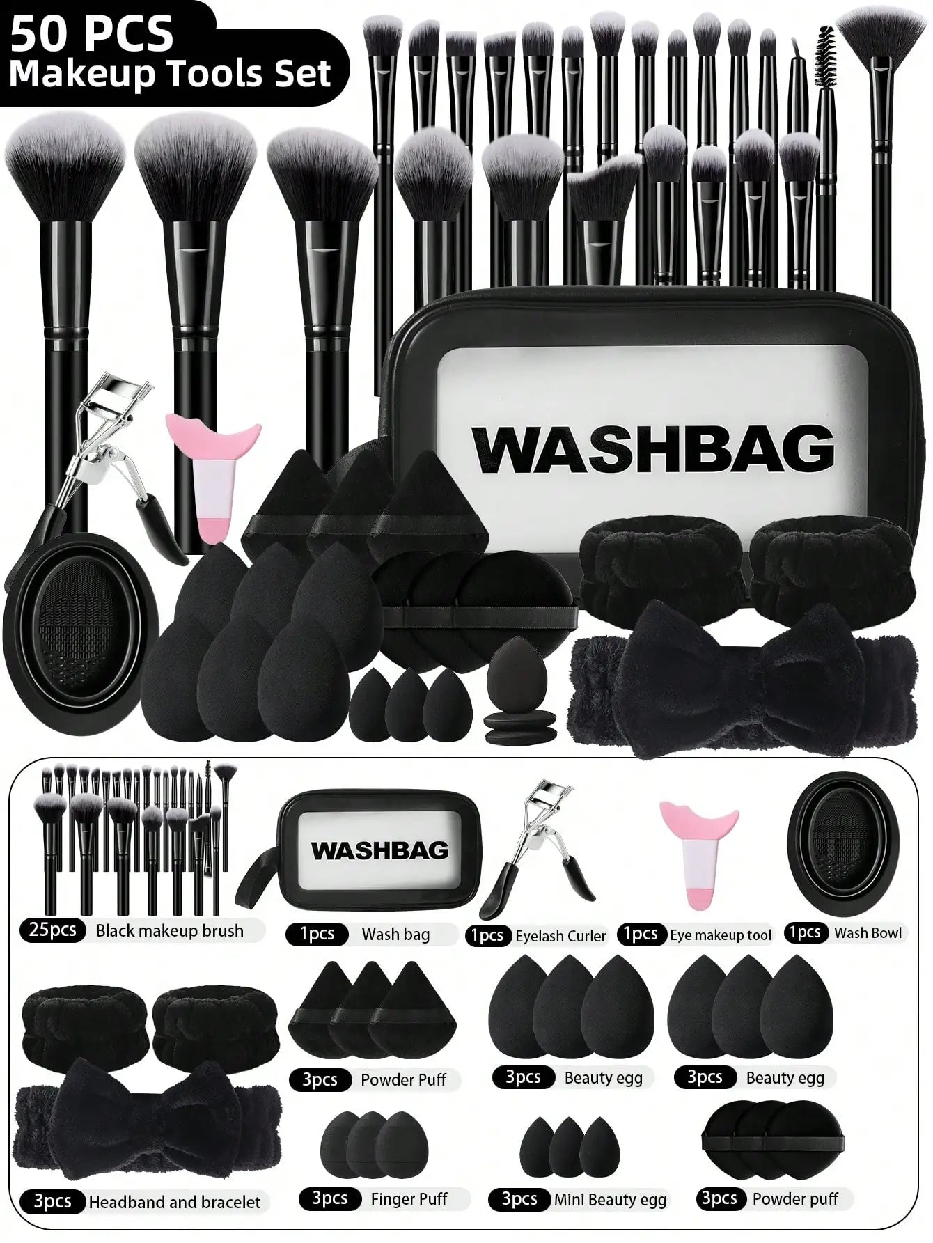 50PCS Makeup Tools:1PC cosmetic bag+25PCS Makeup brush set+9PCS Makeup Sponges+9PCS Powder Puffs+6PCS Makeup Tools