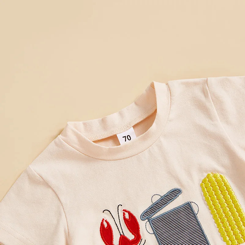 2024-12-10 Lioraitiin Kids Boys Summer Outfit Short Sleeve Crew Neck Embroidery T-shirt with Lobster Print Shorts Clothing Set