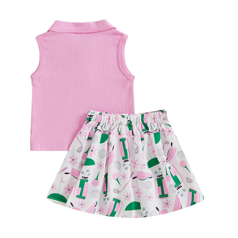 Kids Girl Outfit Lapel Sleeveless Tank Tops and Golf Print Pleated A-Line Skirt Set for Toddler Summer Clothes