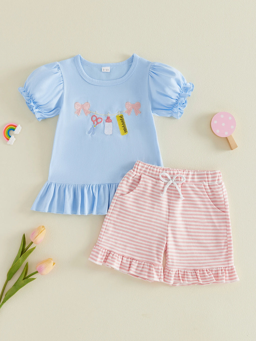Girl s Back to School Outfit Cute Ruler Bow Embroidered Short Sleeve Ruffle T-Shirt with Matching Striped Shorts - 2 Piece