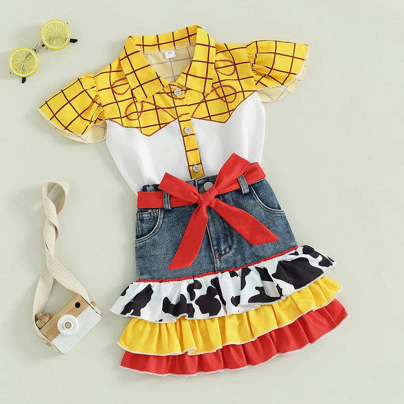 2024-05-11 Lioraitiin Girls Summer Outfits Plaid Print Fly Sleeve Shirts Cow Pattern Ruffles Patchwork Denim Skirt Headband  Set