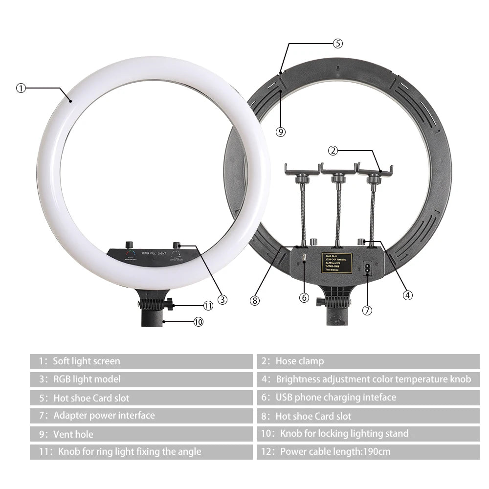 Dimmable Selfie Ring Lamp 18 Inch RGB Ring Light Photography With Tripod Phone Clip For Live Make Up Youtube Photography Studio