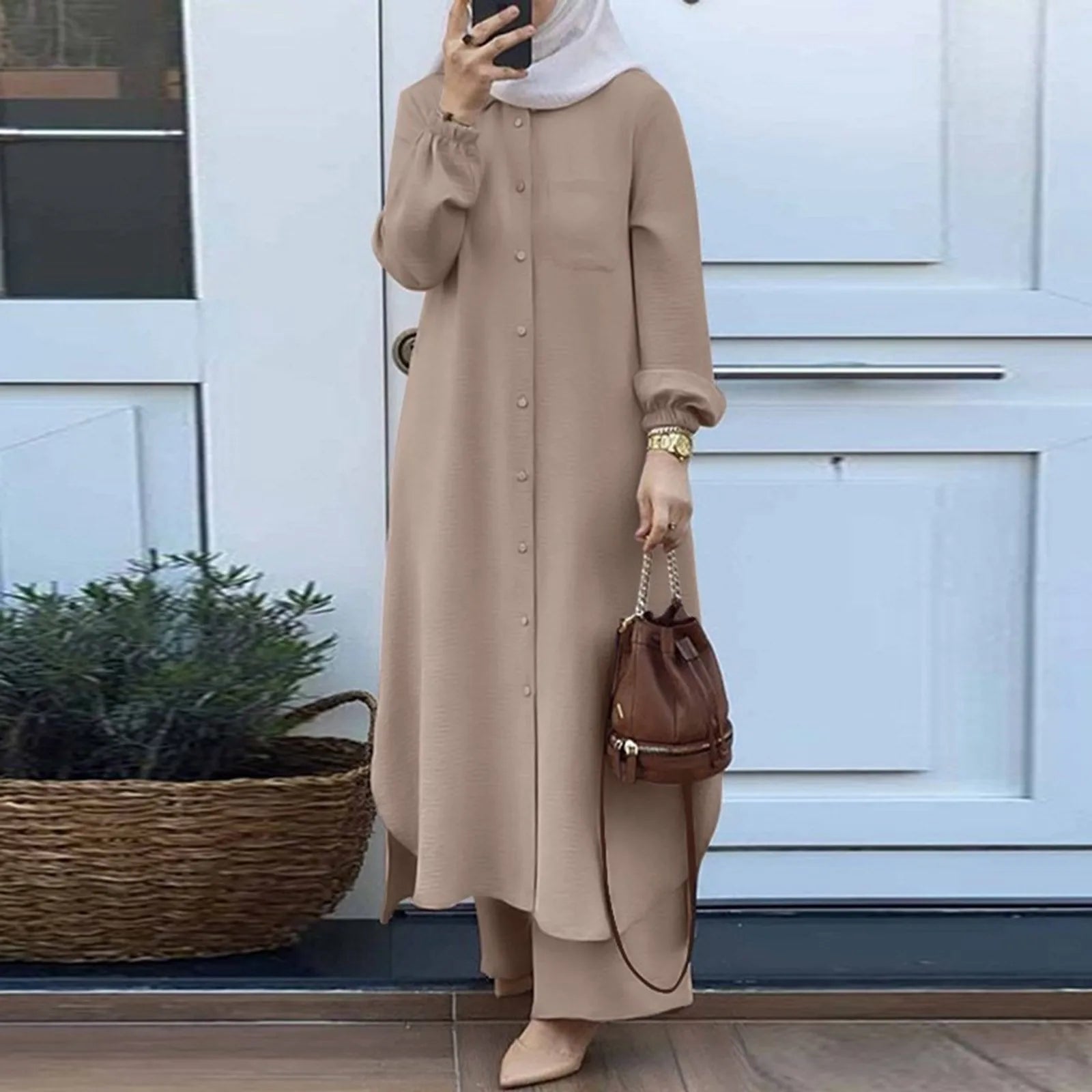 Muslim Sets Turkey Dubai Abaya Women Long Sleeve Buttons Up Shirt Set Causal Pants Suits Abayas For Women IsIamic Outifits