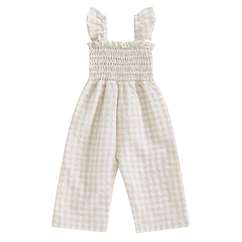 2025-01-06 Lioraitiin Baby Girl Rompers Ruffle Sleeveless Plaid Print Smocked Jumpsuit Suspender Pants Summer Outfit