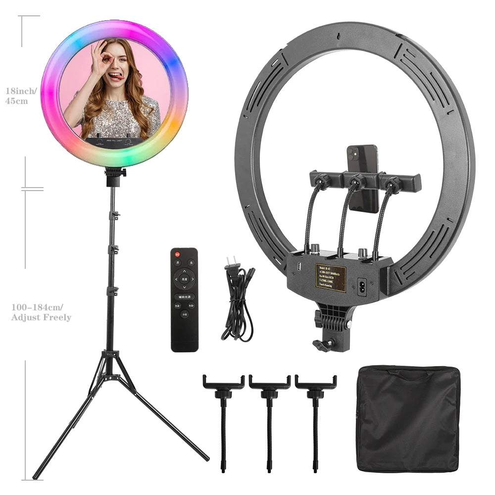 Dimmable Selfie Ring Lamp 18 Inch RGB Ring Light Photography With Tripod Phone Clip For Live Make Up Youtube Photography Studio
