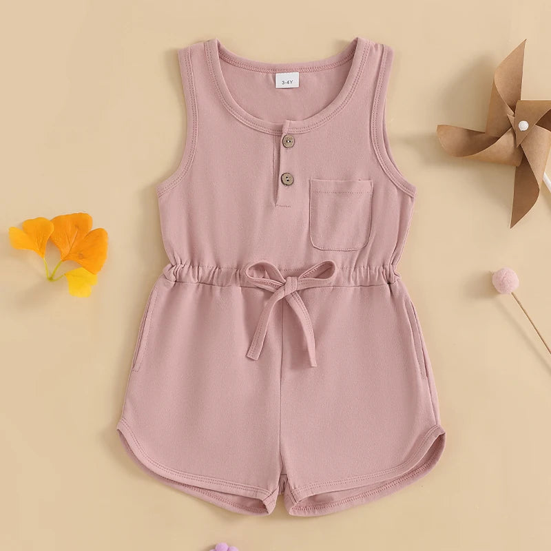 2024-12-04 Lioraitiin Litter Girls Summer Casual Jumpsuit Sleeveless Crewneck Solid Color Drawstring Tank Romper