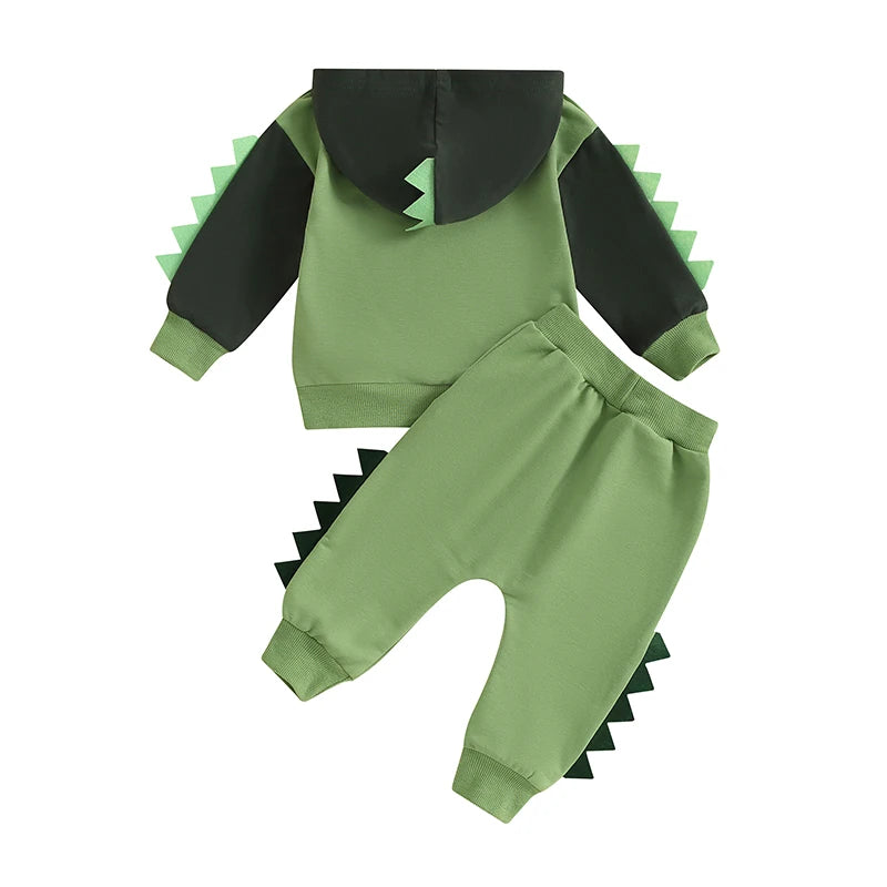 2024-05-27 Lioraitiin Toddler Boy Dinosaur Outfits, Contrast Color Long Sleeve Hoodie Elastic Waist Pants 2 Piece Set for Fall