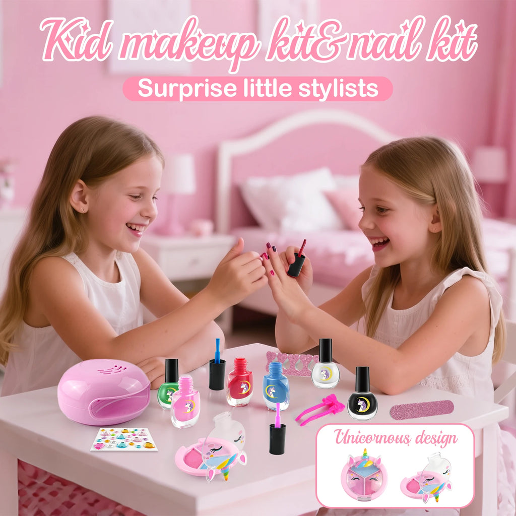 Kids Washable Makeup Kit& Nail Polish Kit for Girl, Kids Play Makeup Set Nail Art Princess Make Up Pretend Play Christmas Birthd