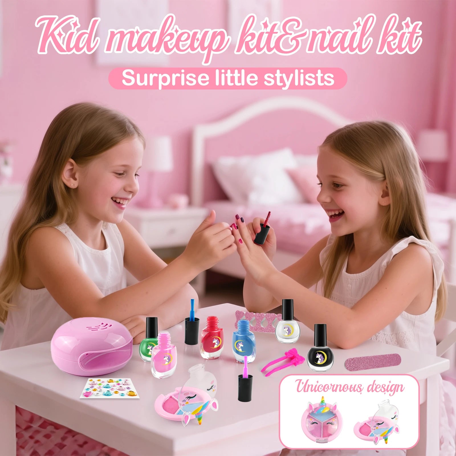 Kids Washable Makeup Kit& Nail Polish Kit for Girl, Kids Play Makeup Set Nail Art Princess Make Up Pretend Play Christmas Birthd