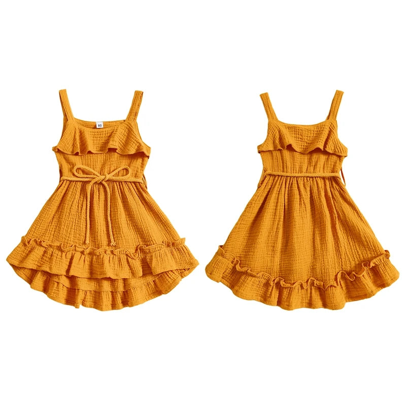 2024-05-07 Lioraitiin Baby Girl Summer Dress Casual Sleeveless Square Neck Belted Dress Toddler A-Line Dress
