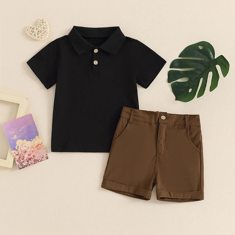 2024-03-20 Lioraitiin 1-5Y Summer Kid Boys Shorts Sets Short Sleeve Button Up Shirt Tops and Solid Color Shorts Sets 2PCS