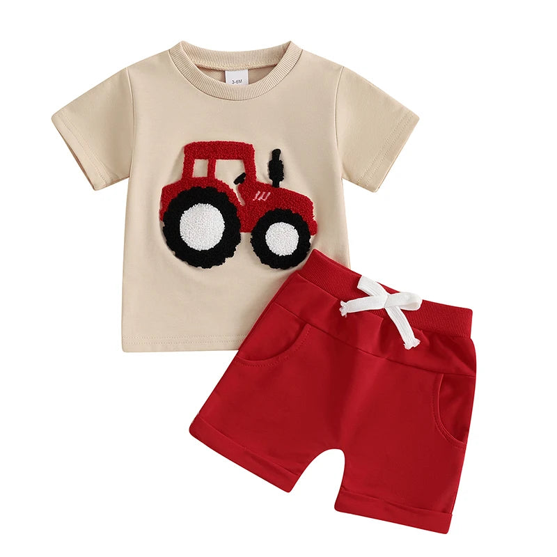 2024-11-21 Lioraitiin Toddler Boys Summer Outfit Truck Embroidered O-Neck Short Sleeve T-Shirts Elastic Waist Shorts Clothes Set