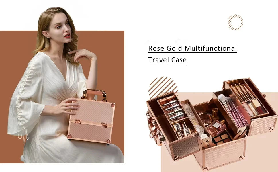 Makeup Train Case Cosmetic Organizer Case Portable Travel Storage Box 4 trays with Dividers Lockable Make Up Case Makeup Case