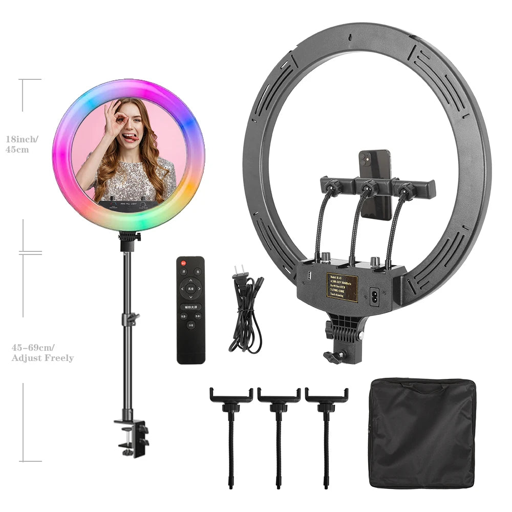 Dimmable Selfie Ring Lamp 18 Inch RGB Ring Light Photography With Tripod Phone Clip For Live Make Up Youtube Photography Studio