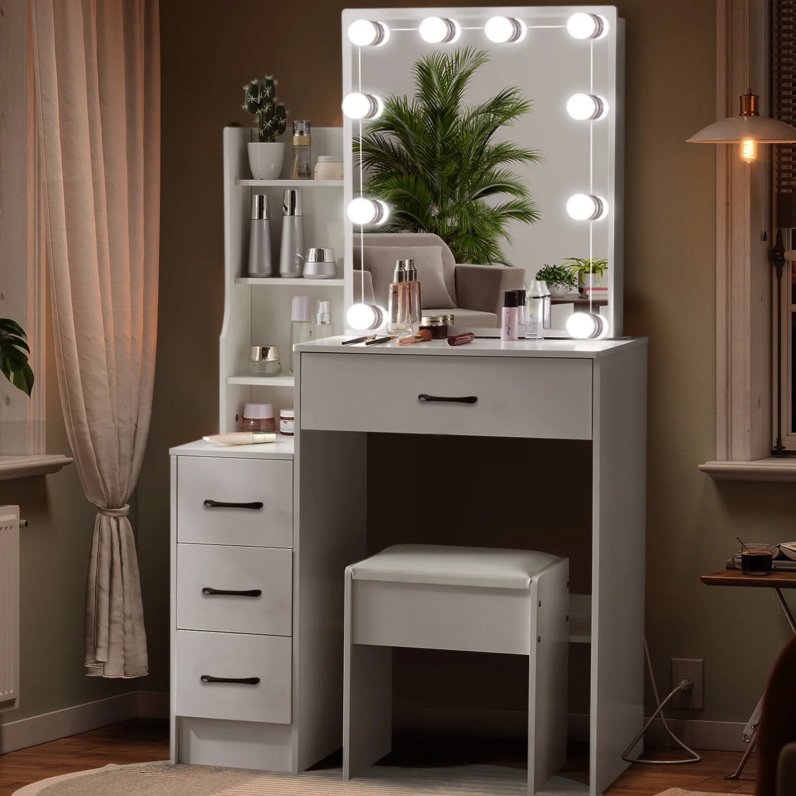 Modern White Dressing Table Stool Set with LED Light Mirror Vanity Make up Desk