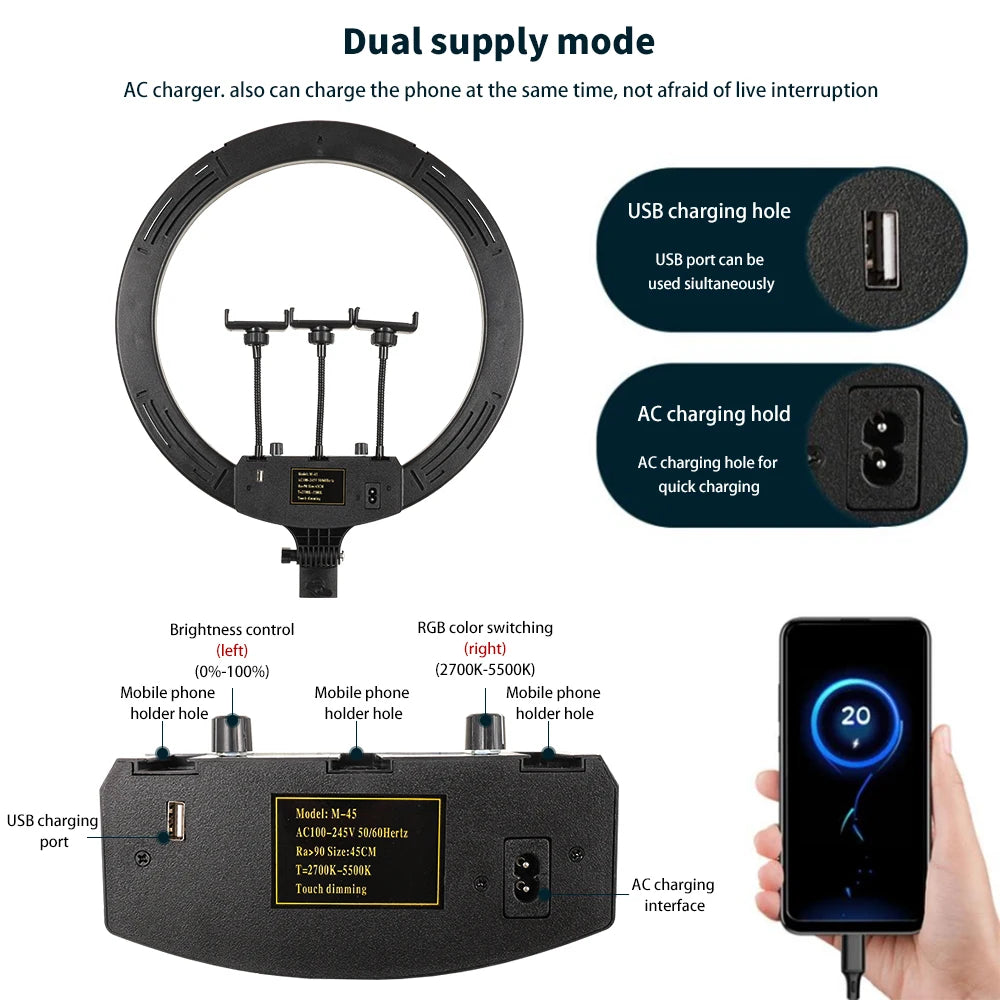 Dimmable Selfie Ring Lamp 18 Inch RGB Ring Light Photography With Tripod Phone Clip For Live Make Up Youtube Photography Studio