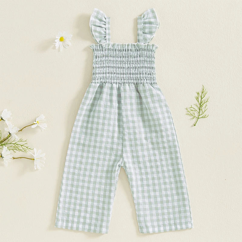 2025-01-06 Lioraitiin Baby Girl Rompers Ruffle Sleeveless Plaid Print Smocked Jumpsuit Suspender Pants Summer Outfit