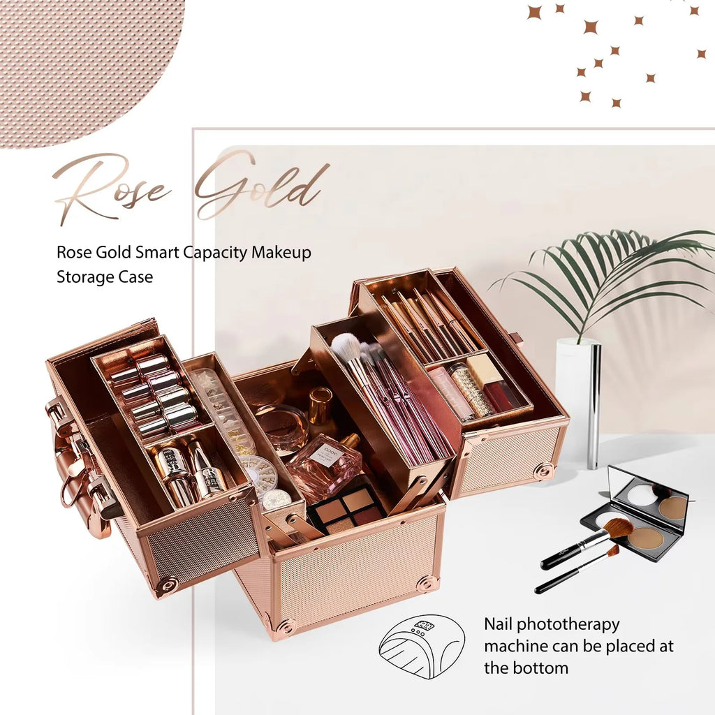 Makeup Train Case Cosmetic Organizer Case Portable Travel Storage Box 4 trays with Dividers Lockable Make Up Case Makeup Case