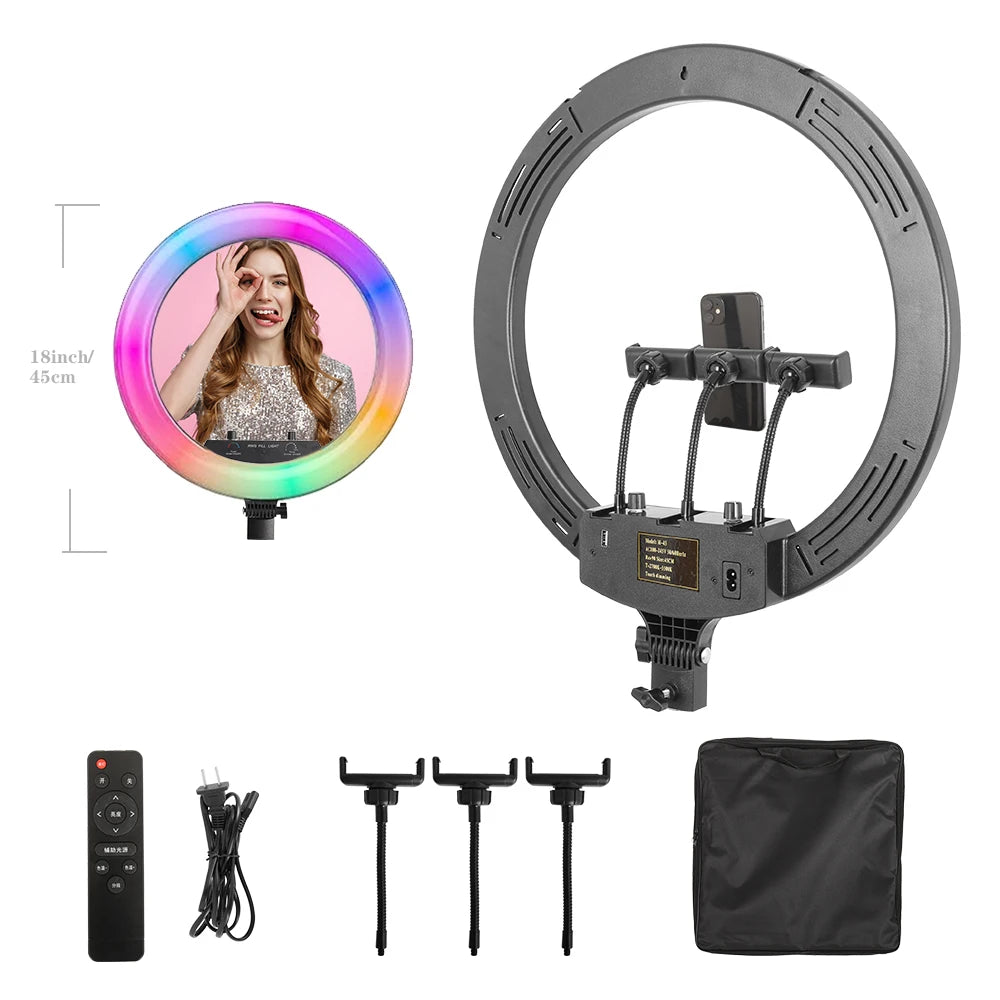 Dimmable Selfie Ring Lamp 18 Inch RGB Ring Light Photography With Tripod Phone Clip For Live Make Up Youtube Photography Studio