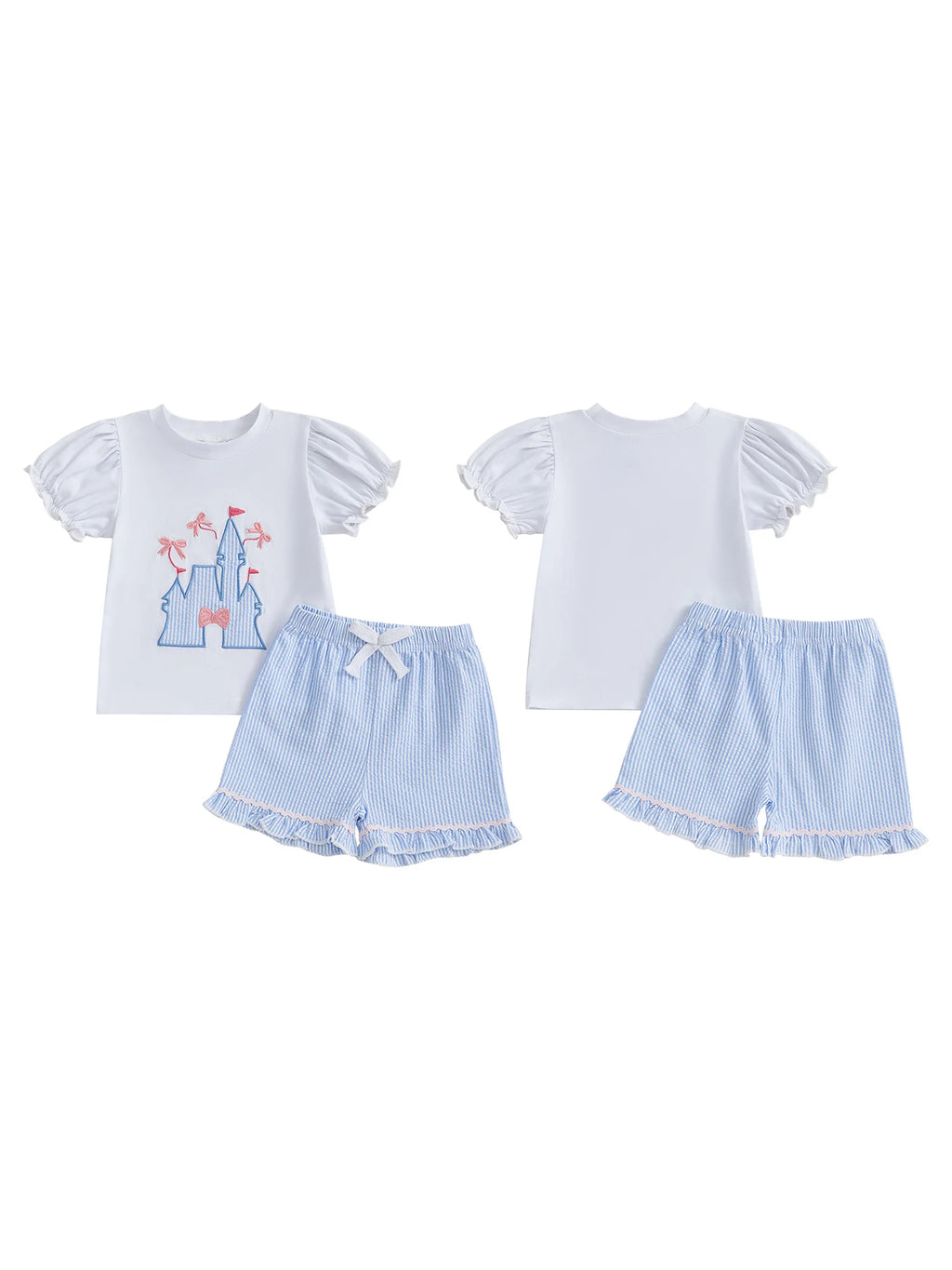 2025-04-06 Lioraitiin Toddler Girls Summer Outfit Bow Embroidery Short Sleeves T-Shirt and Elastic Striped Shorts Set Clothes