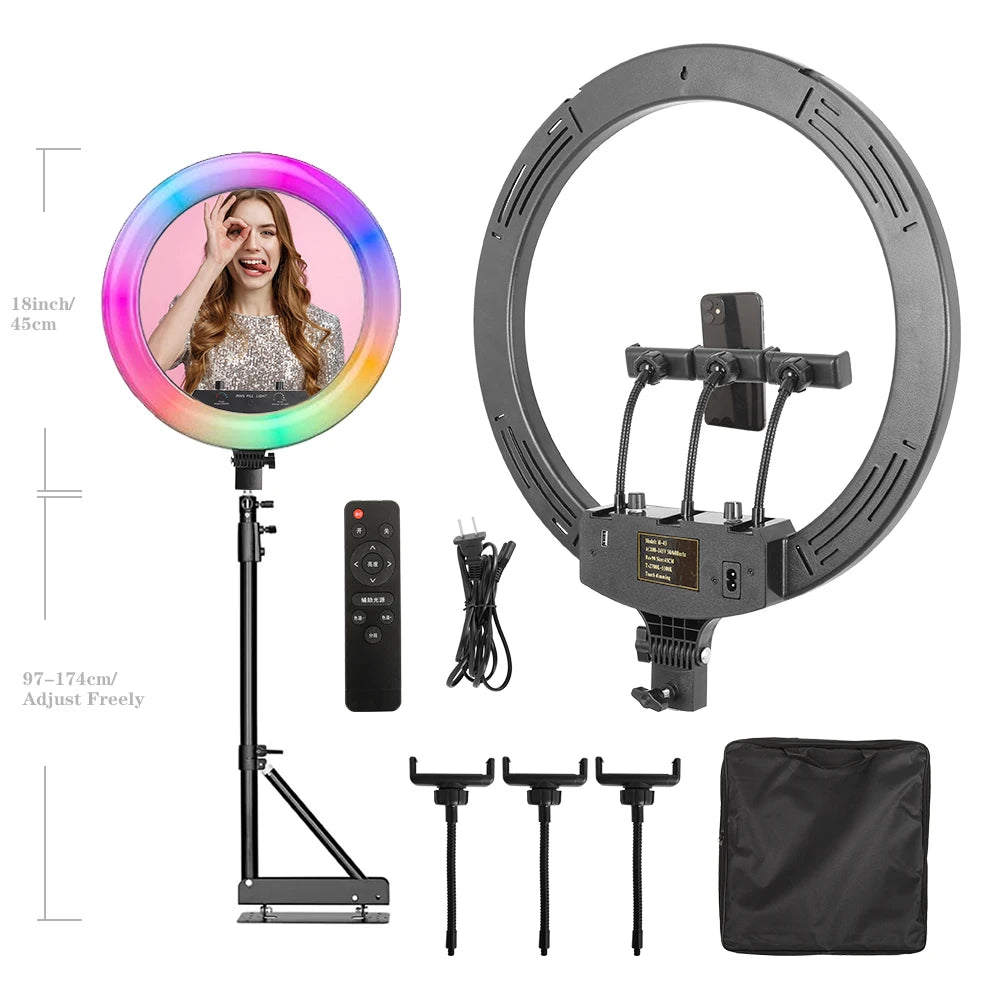Dimmable Selfie Ring Lamp 18 Inch RGB Ring Light Photography With Tripod Phone Clip For Live Make Up Youtube Photography Studio