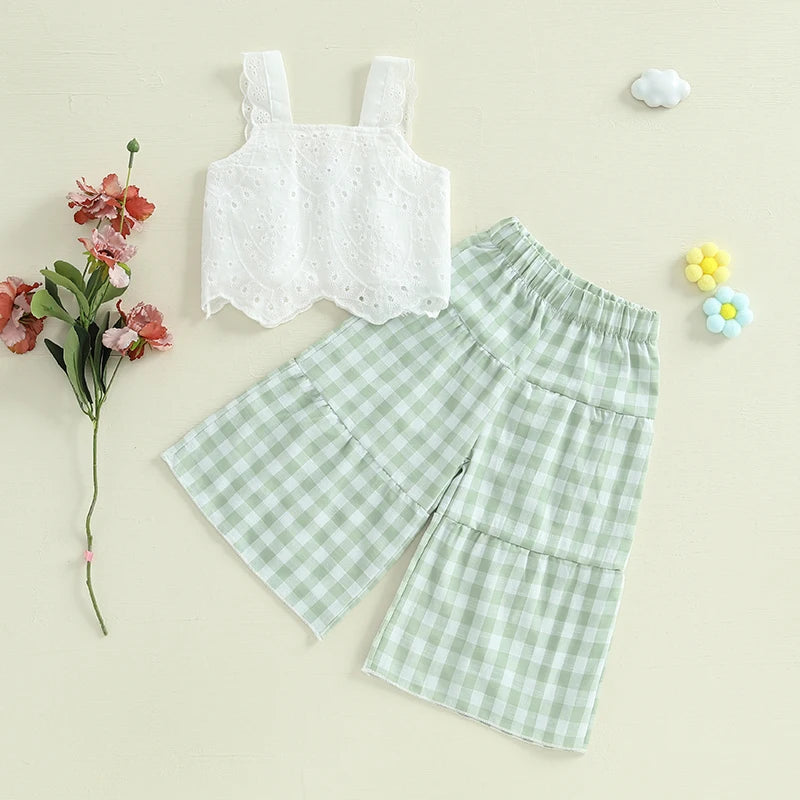 2024-12-02 Lioraitiin Toddler Girl Summer Clothes Eyelet Embroidery Cami Tops+Elastic Waist Plaid Print Wide Leg Pants 2Pcs Set