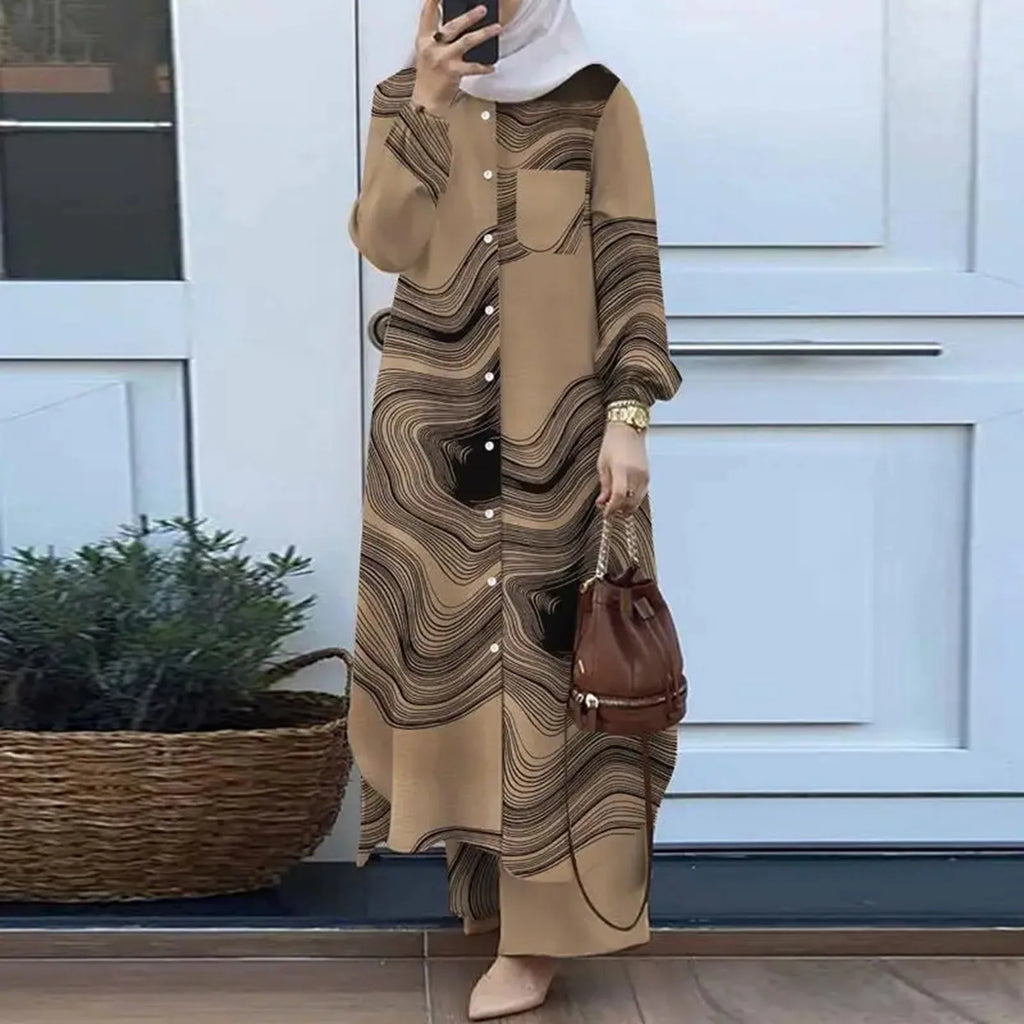 Muslim Sets Turkey Dubai Abaya Women Long Sleeve Buttons Up Shirt Set Causal Pants Suits Abayas For Women IsIamic Outifits