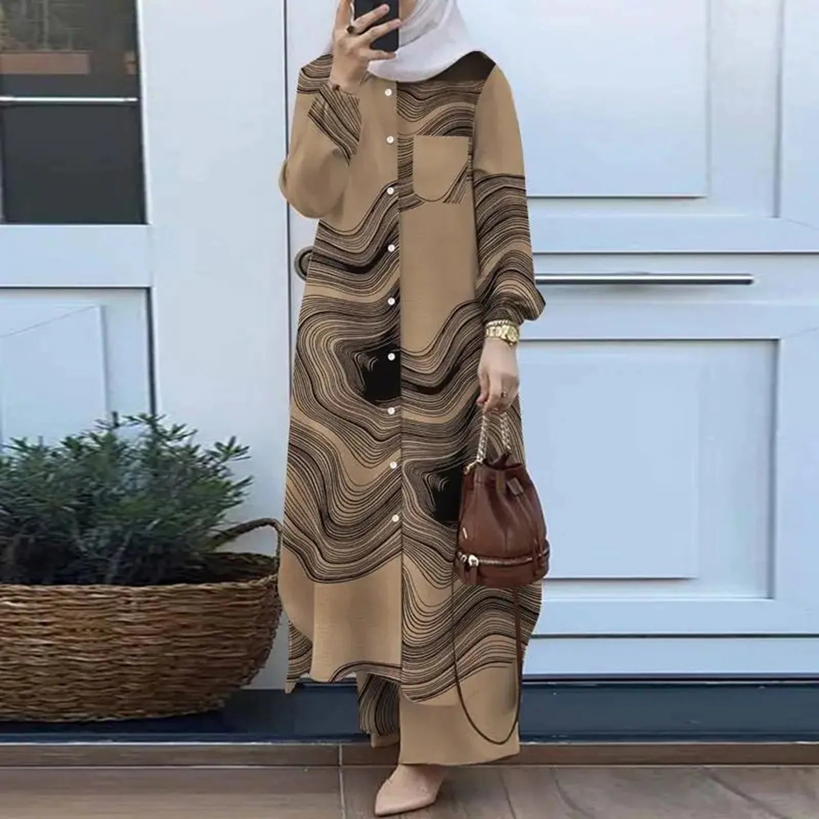 Muslim Sets Turkey Dubai Abaya Women Long Sleeve Buttons Up Shirt Set Causal Pants Suits Abayas For Women IsIamic Outifits