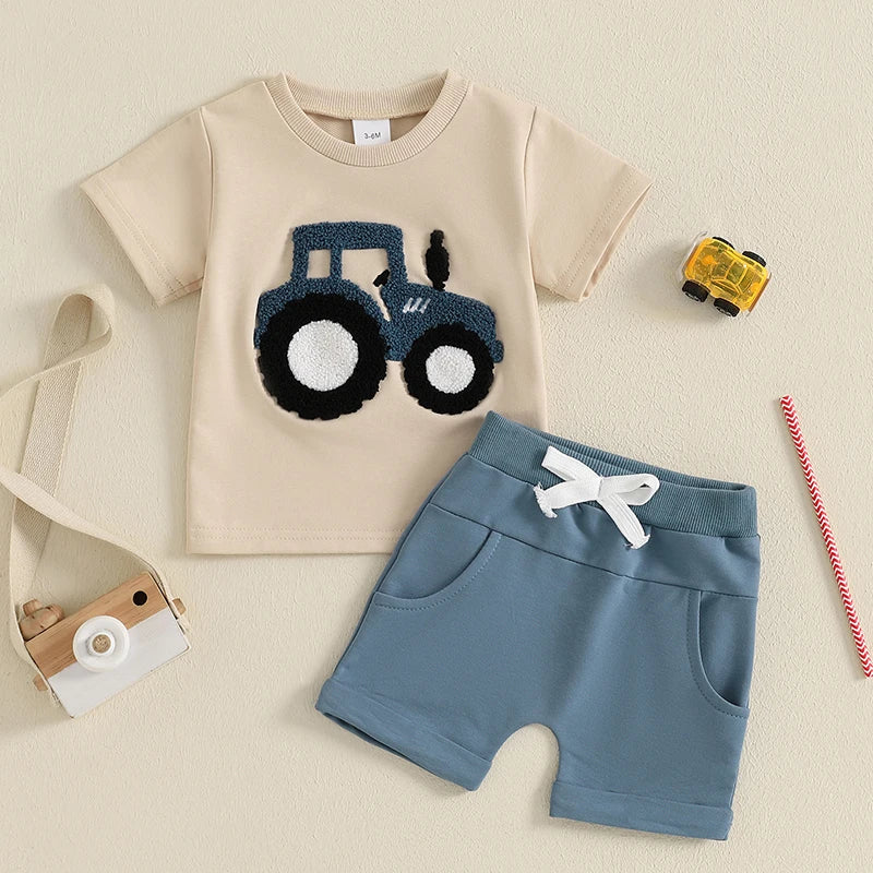 2024-11-21 Lioraitiin Toddler Boys Summer Outfit Truck Embroidered O-Neck Short Sleeve T-Shirts Elastic Waist Shorts Clothes Set