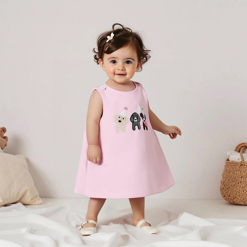 2025-04-01 Lioraitiin Toddler Baby Girl Birthday Dress Dog Embroidered Round Neck Sleeveless Tank Dress Cute Summer Clothes