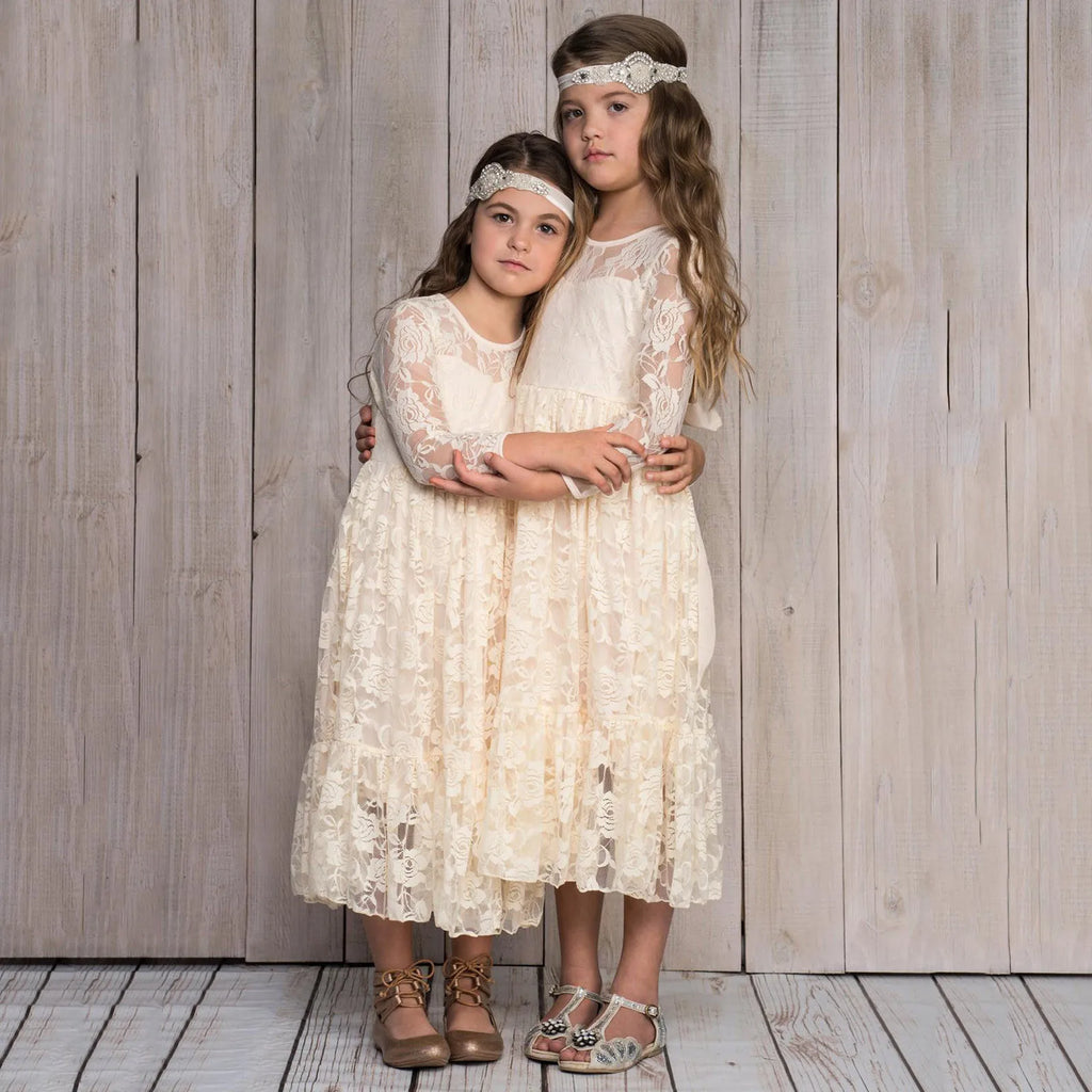 1st Birthday Outfit Girl Children's Lace Dress Dress Tie Belt Girls Chic Long Flower Girl Dresses Girl Bubble Dress