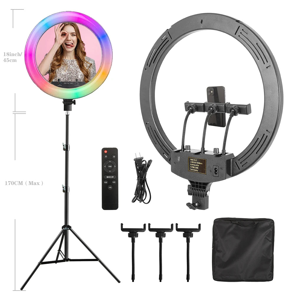 Dimmable Selfie Ring Lamp 18 Inch RGB Ring Light Photography With Tripod Phone Clip For Live Make Up Youtube Photography Studio