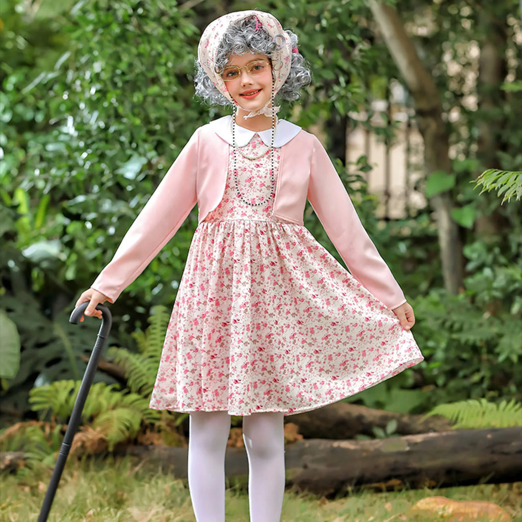 100 Days School Children Dress 100 Days Old Lady Costume Girls Grandma Outfit Old Grandma Cardigan Dresses Sets For Girl Clothes