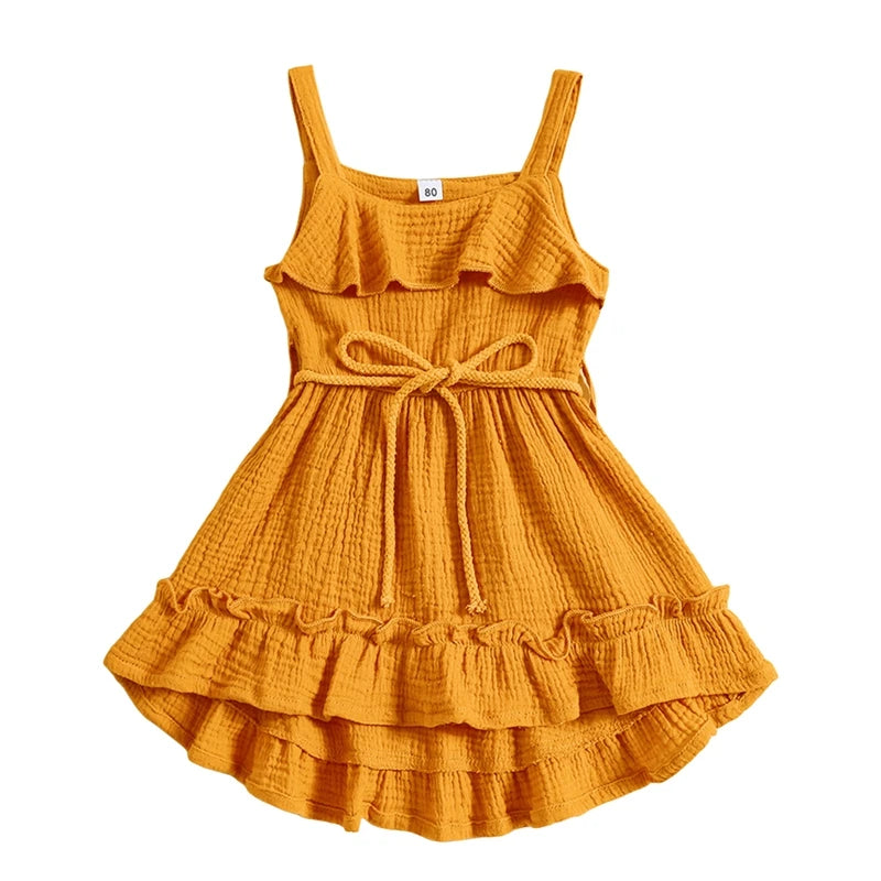 2024-05-07 Lioraitiin Baby Girl Summer Dress Casual Sleeveless Square Neck Belted Dress Toddler A-Line Dress