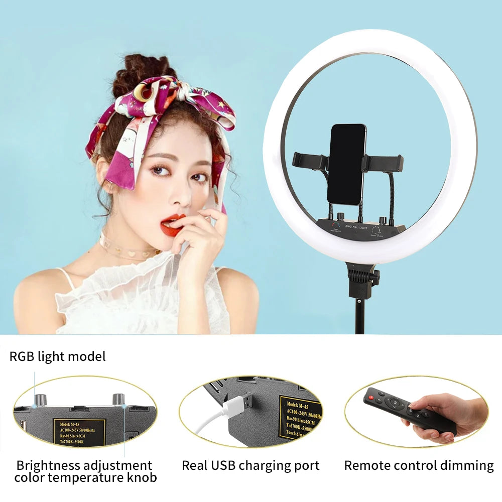 Dimmable Selfie Ring Lamp 18 Inch RGB Ring Light Photography With Tripod Phone Clip For Live Make Up Youtube Photography Studio