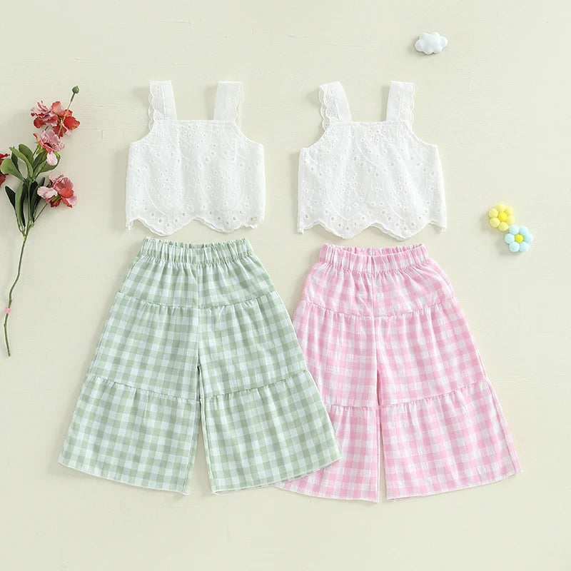 2024-12-02 Lioraitiin Toddler Girl Summer Clothes Eyelet Embroidery Cami Tops+Elastic Waist Plaid Print Wide Leg Pants 2Pcs Set