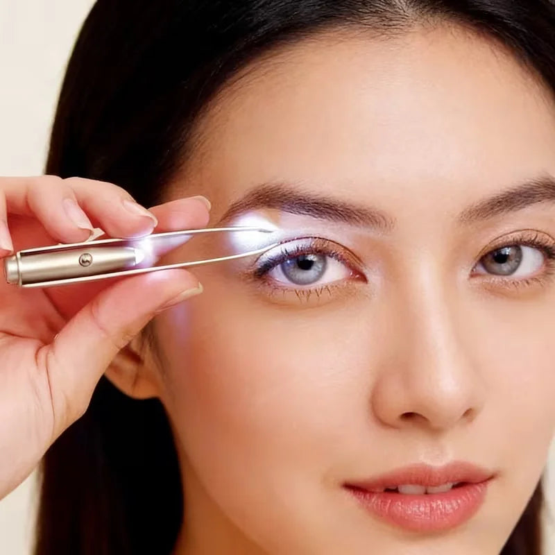 LED Light Precision Eyebrow Tweezer - close-up of tweezer near eyebrow with light on